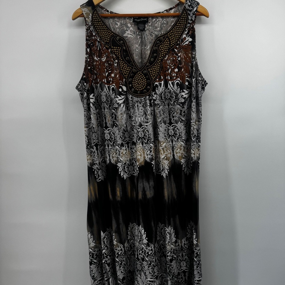 Boho Maxi Dress 0X 14/16W Embellished Beaded Neck Brown Black Stretch Resort - Picture 12 of 16